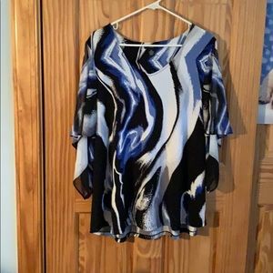 Alfani sheer sleeves v neck blue, black, white top